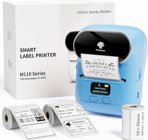 Phomemo M110 Bluetooth Etikettendrucker, Etikettiergerät Beschriftungsgerät Selbstklebend mit 3 Etikett Geschenkbox, Labeldrucker für Barcode,Geschäfte,kleine Unternehmen,für Android & iOS & PC - Blue