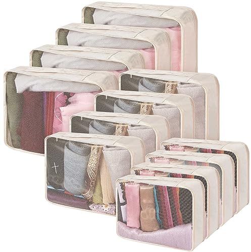 Silkfly 12 Pcs Packing Cubes for Suitcase Travel Luggage Bags Bulk Mesh Organizer Set for Hiking Camping Backpacking Clothes Accessories(Light Khaki, XL, L, M Size)