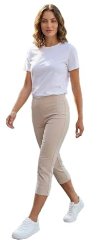 Roman Cropped Trousers for Women UK Ladies Capri Leggings Summer Pants Short Crop Stretch 3/4 Length Three Quarter Pedal Pusher Clothes Elasticated Bengaline Cut Off - Petite Stone - Size 18