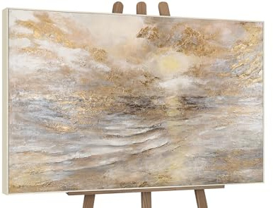 YS-Art Quadro Marino Beige Oro Perla Materico Dipinto a Mano su Tela per Soggiorno Luminoso Camera Relax e Hotel Boutique 120x80 cm