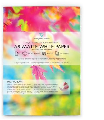Evergreen Goods A3 100 Sheets 420 x 297mm White Self-Adhesive Matte Sticker Paper for Inkjet & Laser Printers, Sticky Back Printable Paper, Ideal for Custom Labels, Signs, and Crafts (100 Sheets)
