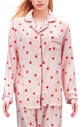 Gohytal Lång pyjamas för kvinnor - persika hjärtmönster - lapptäcke pyjamas set - sovkläder för dam - pyjamasbyxor för dam - tvådelat set för fyra årstider