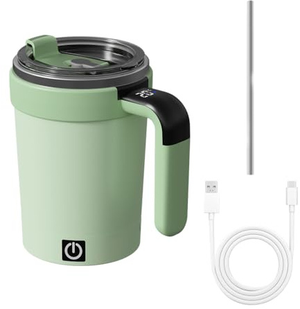 Tasse à Café Auto-mélangante, Bouteille à Mélange Électrique de 380ML, Tasse à Café Électrique en Acier Inoxydable, avec Couvercle et Paille, Affichage Température, pour Maison, Excursions et Bureau