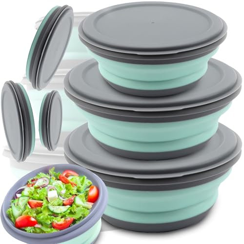 Retoo 3 Stück Faltbare Silikonschüsseln mit Deckel, Platzsparend, Für Küche, Camping, Schule, Wandern, Frischhaltedosen für Obst, Gemüse, Salat, Verschließbar, BPA-frei, 3 Größen 400ml, 850ml, 1650ml