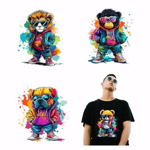 SUPERDANT 4 Styles Hip Hop Animals Heat Transfer Stickers Lion Dogs Bear Iron On Transfers Heat Transfer Paper Clothing Iron on Decals for T-Shirt Canvas Bags Jackets DIY Crafts