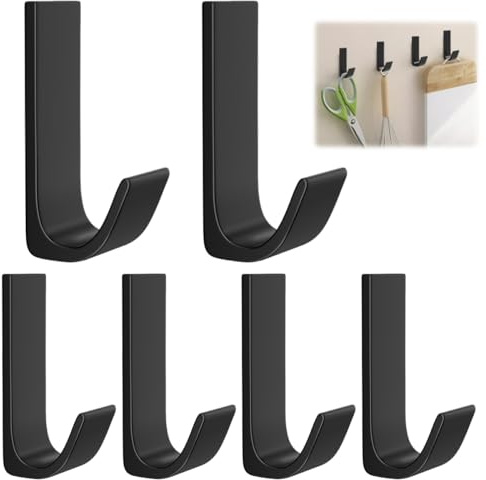 6 Piezas Ganchos de Pared de Aluminio Autoadhesivos, Colgador Toalla Baño Adhesivo, Ganchos Adhesivos Acero Inoxidable, Soporta Hasta 20 KG, para Baño, Aseo, Cocina, Puerta y Oficina (Negro)