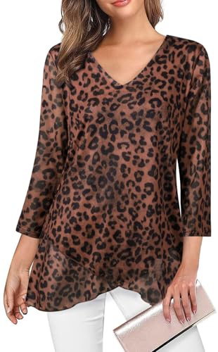 Adigaber Femme Blouse à Manches Trois-Quarts à col en V pour Top | Coupe ample，Ourlet asymétrique，Double couche，Mousseline，Fluide，Couleur unie，Décontracté，Blouse de bureau，Imprimé