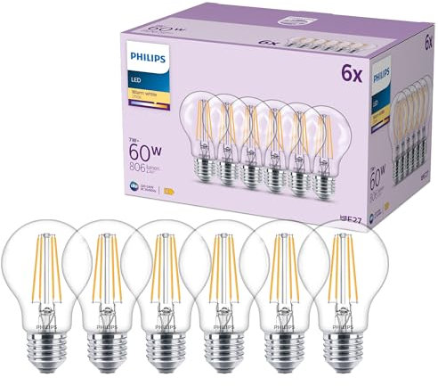 Philips LED Classic Lampadina Goccia, equivalente a 60 W, trasparente, attacco E27, Luce Bianca Calda 2700K, confezione da 6