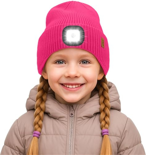 ATNKE Barn LED Mössa Pannlampa, USB uppladdningsbar 4 LED-hatt löparljus handsfree headlamp vinter varm fleece fodrad stickad mössa gåvor för pojkar och flickor, röd rosa, One size