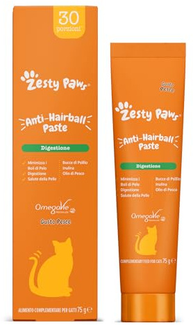 Zesty Paws Anti-Hairball Paste for Cats | Minimises Hairballs, Aids Digestion, Supports Skin & Coat Health | Contains Fish Oil, OmegaVie, Psyllium Husk, Inulin, Malt Extract | Real Fish Flavour | 75g