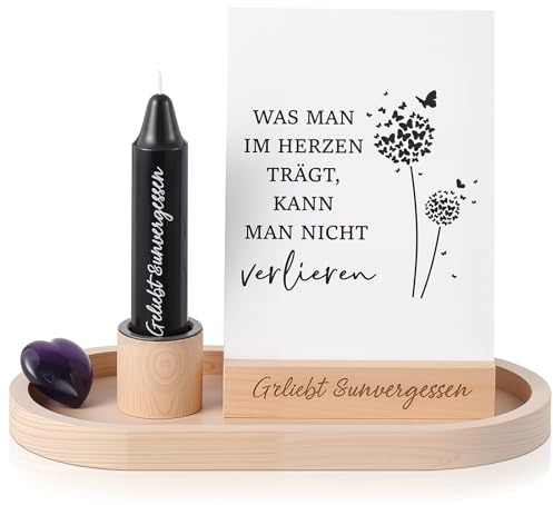 Hestya Trauergeschenk für Hinterbliebene Holz Kerzen Kartenhalter Trauerkerze mit Spruch Herzstein Beileid Geschenk Kondolenz Erinnerung Verstorbene Beerdigung Deko(Schwarz,Geliebt und unvergessen)