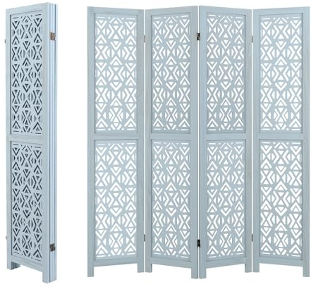 CASART 4-Panel Room Divider, 165cm Solid Paulownia Wood Folding Privacy Screen with Carved Pattern, Freestanding Partition Stand Paravent Separator for Living Room Bedroom Studio