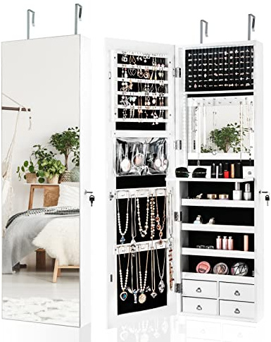 COSTWAY Espejo Joyero de Pared, Armario Joyero con Espejo de Cuerpo Entero LED, Armario para Joyas de Puerta con Cerradura, 4 Cajones, Cajonera Incorporada para Joyas y Cosméticos (blanco)