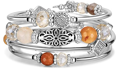 FULU AUTUMN Silver Beaded Bangle Bracelet for Women Handmade Boho Stacking Wrap Bracelet with Crystal Beads Costume Fashion Jewellery Gifts(Brown)