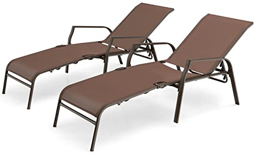 COSTWAY Lot de 2 Chaises Longues, Bains de Soleil avec Dossier Réglable à 5 Positions, Tissu Teslin Respirant et Structure Robuste en Acier Antirouille, Transat Charge Max 150KG