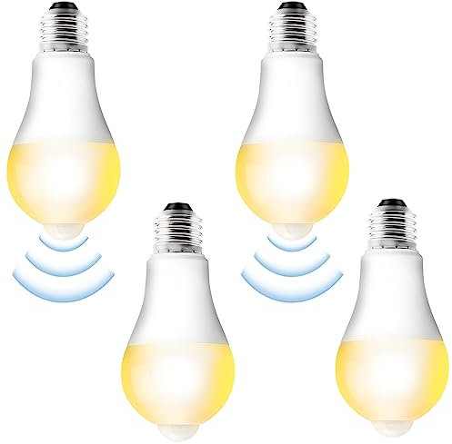 Aicharynic 4 Stück E27 LED Glühbirne mit Bewegungsmelder, LED Birne mit PIR Bewegungsmelder E27 LED Lampe 12W Warmweiß 3000K Lichtsensor Energiesparlampe E27 für Flur, Garage, Treppe, Balkon