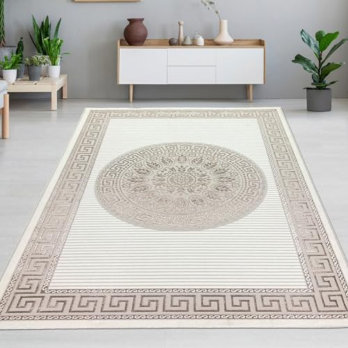 CARPETIA vardagsrum sovrum enorm orientalisk glänsande ornament stor XXL modern ädel kort lugg matta designer matta kräm beige 240 x 340 cm