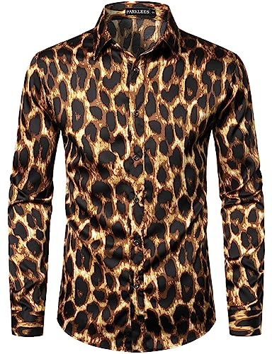 PARKLEES Men's Hipster Leopard Printed Slim Fit Long Sleeve Button Up Satin Dress Shirts for Party Prom PZLCL36-108-Black Gold L