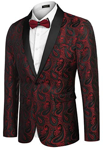 COOFANDY Blazer casual para hombre, chaquetas Paisley, traje retro, jacquard con estampado floral, un botón, abrigos elegantes, chaqueta de esmoquin elegante para cena, vino, L