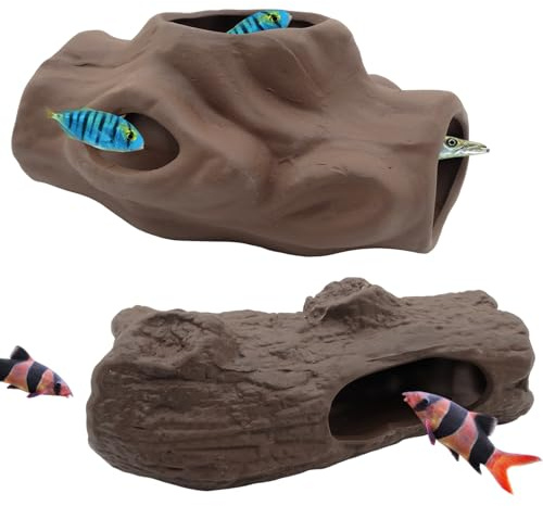 Molyorch 2 Piezas Cueva Mascotas Acuáticas, Decoración Acuario Cerámica Temáticos, Decoración Cerámica Pecera, para Pecera, Decoración del Acuario, Adornos de Paisaje (Forma Madera)