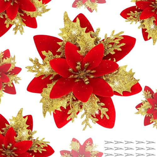 CH HAICHENG 15 Stück Weihnachtssterne Blumen für Weihnachtsbaum, glitzernde künstliche rote goldene Blumen für Weihnachtsbaum mit Clips und Stielen (Rotgold)