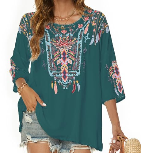 Vakakado Chemise bohème pour Femme d'été Boho Broderie Chemisiers en Vrac Hauts Tunique brodé Folklore Blouse Femme Tops
