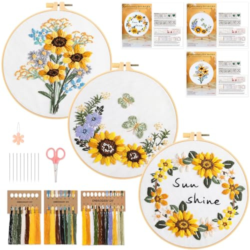 JSRQT 3 Sets Girasole Kit Ricamo Principianti, Kit Ricamo Fatto a Mano per Artigianato Artistico, Kit Iniziale per Punto Croce con Design Stampato con Aghi, Fili, Tessuto, Telaio e Istruzioni