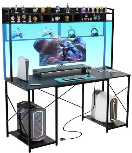 Devoko Escritorio Ordenador con LED, Secretaria Escritorio de Juego con Soporte y Estante de Almacenamiento, Mesa Gaming Ergonómico con Enchufe y 2 Tomas USB para Salas de Oficina 120x60cm Negro