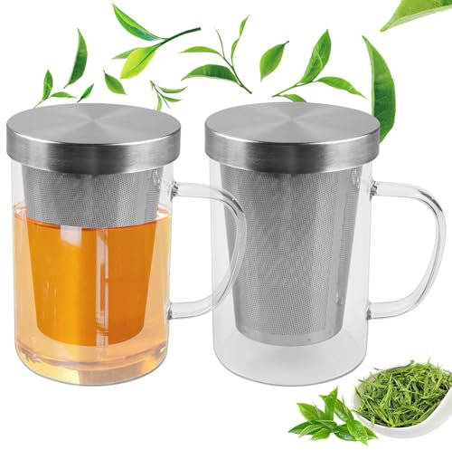 WIYETY 2 Vasos de Té con Tapa y Colador de Cristal, 500 ml, Resistente al Calor con Mango, Para Preparar Té y Té Perfumado