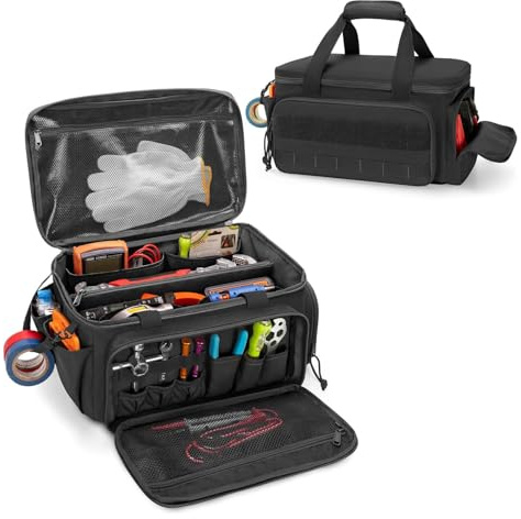 diceevil Borsa portautensili portatile, organizer per attrezzi da elettricista, borsa da lavoro multifunzionale con fondo imbottito anti-attrito e spesso per riparatori, elettricisti, falegnami