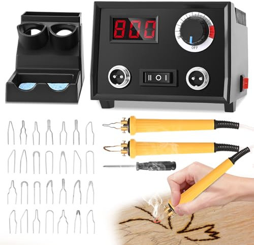 Gxpjycfob Macchina Pirografica, 60W Pirografo per Legno Professionale con 2 Penne e 30 Punte, Temperatura Regolabile 0-800 ° C, Pirografia Schermo LCD per Adulto Incisione in Pelle di Zucca