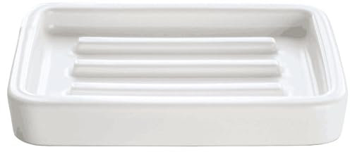 HillSpring Matte Keramik-Seifenschale mit Erhabenen Rillen, Rechteckige Seifenhalterung für Badezimmerarbeitsplatte, Dusche und Küchenspüle, Weiß