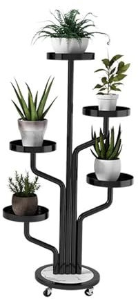 SRHIMEOS Etagere Plante Extérieur Intérieur De 5 Niveaux, Support De Plante en Métal, Support De Pot De Fleurs pour Jardin, Escalier De Plantes, Étagère À Plantes d'angle avec roulettes