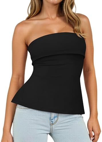 Sukiglam Tops De Tubo para Mujer Camiseta Sin Tirantes Verano Sexy Crop Top Bandeau con Hombros Descubiertos Elástica Busto de Doble Capa Y2k Shirt Tunic Camisetas Sin Mangas Hendidura en el Lado