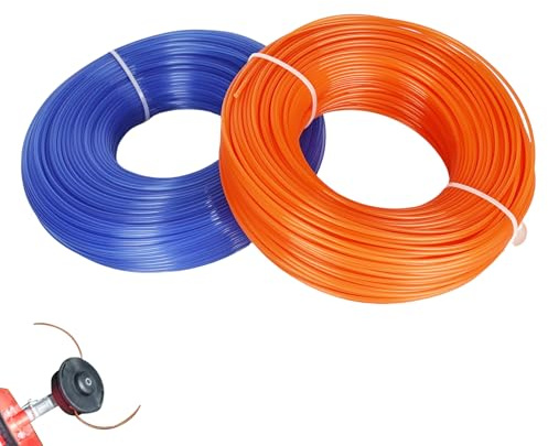 2 st trimmertråd 1,6 mm x 100 m, klipptråd grästrimmer tråd, grästrimmer, reservtråd för grästrimmer, ersättningstråd, trimmersnöre för Park Garden Yard gräs, blå orange, 100 m x 2 st