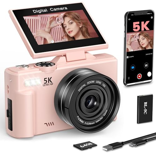 LONGYI Digital Camera 5K 75MP Cameras for Photography Vlogging with WIFI, 64GB Card, 18X Digital Zoom, Selfie 3.0 LCD 180° Flip Screen Compact Photo Cameras for Travel Youtube Beginners Adults Pink