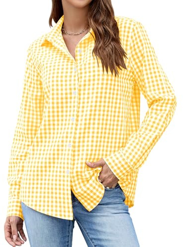 LOMON Button Down Shirt for Women Spring Summer Tops Long Sleeve Gingham Plaid Collared Business Dressy Casual Blouses (Yellow Plaid, L)