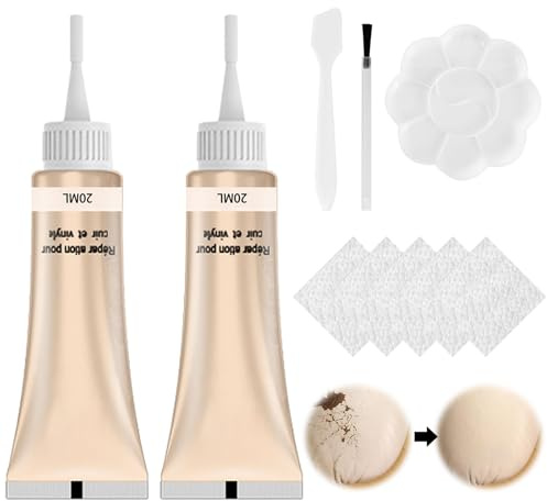 Kit Riparazione Pelle, 2 Pezzi Crema di Riparazione in Pelle, Balsamo Riparazione Pelle, Riparazione di Graffi in Pelle per Crepe da Restauro in Pelle, Seggiolini Auto, Divani, Scarpe, Beige