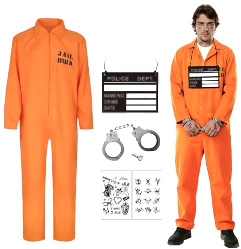GTJEOI Disfraz de Prisionero, Ropa de Prisión Naranja, Mono Naranja Disfraz Preso Hombre, disfraz de Prisionero para Hombre para Cosplay, Carnaval, Fiesta, Decoración (L)