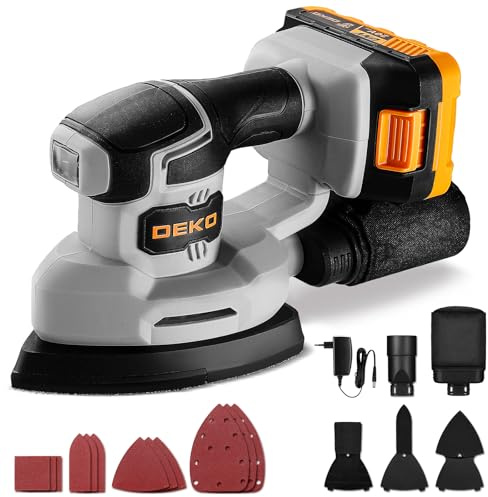 Smerigliatrice triangolare a batteria DEKOPRO: Levigatrice multifunzione 20V, 13000 giri/min, levigatrice con aspirazione inclusa, 2.0Ah batteria e caricabatteria, 3 accessori aggiuntivi e 12 fogli