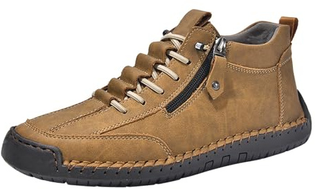 Chaussures de randonnée en cuir pour homme - Chaussures d'été courtes avec fermeture éclair - Lacets en cuir - Baskets - Semelles souples - Chaussures pieds nus confortables - Chaussures de sport