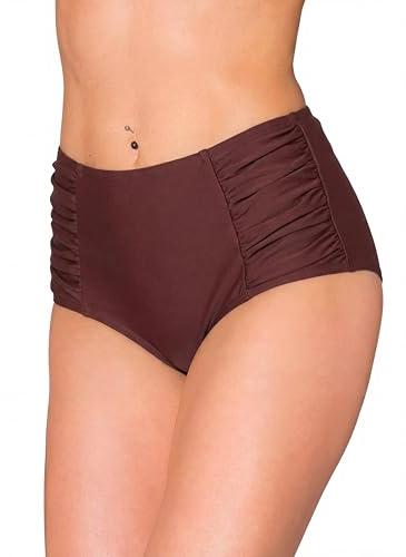 Aquarti Bikinihose Damen mit Hoher Taille und Raffung – Klassische Bikinihosen für Damen in Uni-Farben, Farbe: Schokoladenbraun, Größe: 44