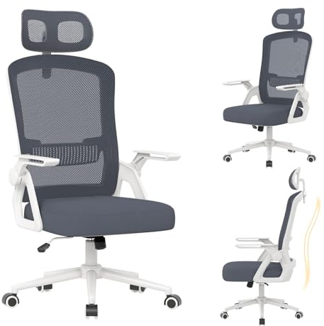 naspaluro Ergonomic Office Chair, Desk Chairs with Lumbar Support Headrest Adjustable, Flip-up armrests Comfy Seat Cushion High Back breathable Mesh Chair, Computer Chair for Home/Office-Grey Blue