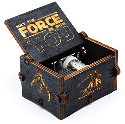 Black Wood Star Wars Music Box, Antique Carved Hand Cranked Wooden Musical Boxes Home Decoration Crafts for Children Gifts
