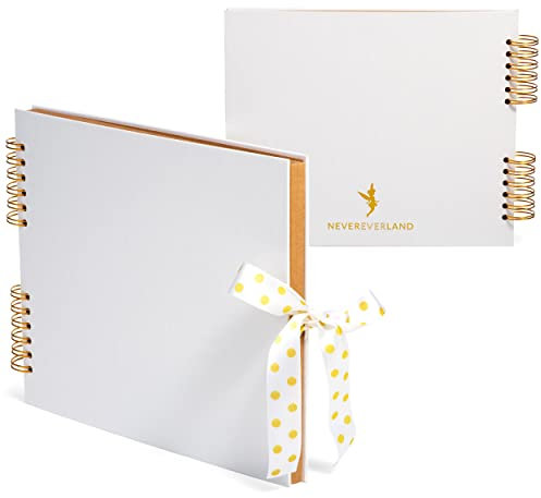 Never Ever Land Scrapbook-Album - 30 x 25 cm Fotoalbum mit 80 glatten 250-g/m²-Seiten - Stabiles Hardcover mit niedlicher Schleife - Perfekt für Baby-, Hochzeits- & Familienfotos - Weiß