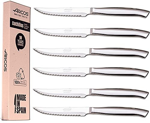 Arcos - Set di coltelli da bistecca, 6 pezzi, in acciaio inox, lama 110 mm, manico rotondo e forma ovale, monoblocco, confezione ecologica (6 pezzi)