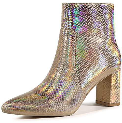 Allegra K Women's Pointed Toe Snake Print Chunky Heel Ankle Boots Rose Gold 6 UK/Label Size 8 US