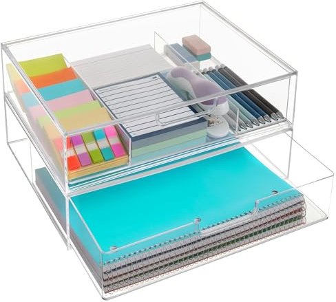 STORi STAX Plastic Stackable Organizer Drawers (Set of 2) Clear | 12.5 Wide | Set Includes One Open Drawer & One Divided Drawer | Organize Office Desk Accessories & Sort Paper | Made in USA
