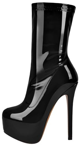 MissHeel Bottines à plateforme à tige courte - Talons hauts - Bottines élastiques vernies, Noir , 42 EU