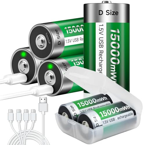 6 Piezas Batería USB D Recargable Litio/15000mWh - 1,5V Pilas D Baterías Recargables Carga Rápida en 3 Horas con Cable de Carga Tipo C, Protección contra Sobrecarga